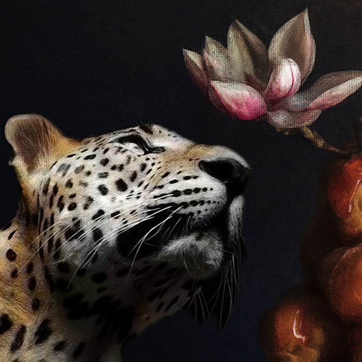Catarina Diaz’s Stillness, analogue collage on Somerset Enhanced Velvet with oil on black gesso-primed canvas. A leopard sits beside an ornate still life of flowers and fruit, joined by a blue and brown bird and butterflies, all framed in an antique gold gallery frame.