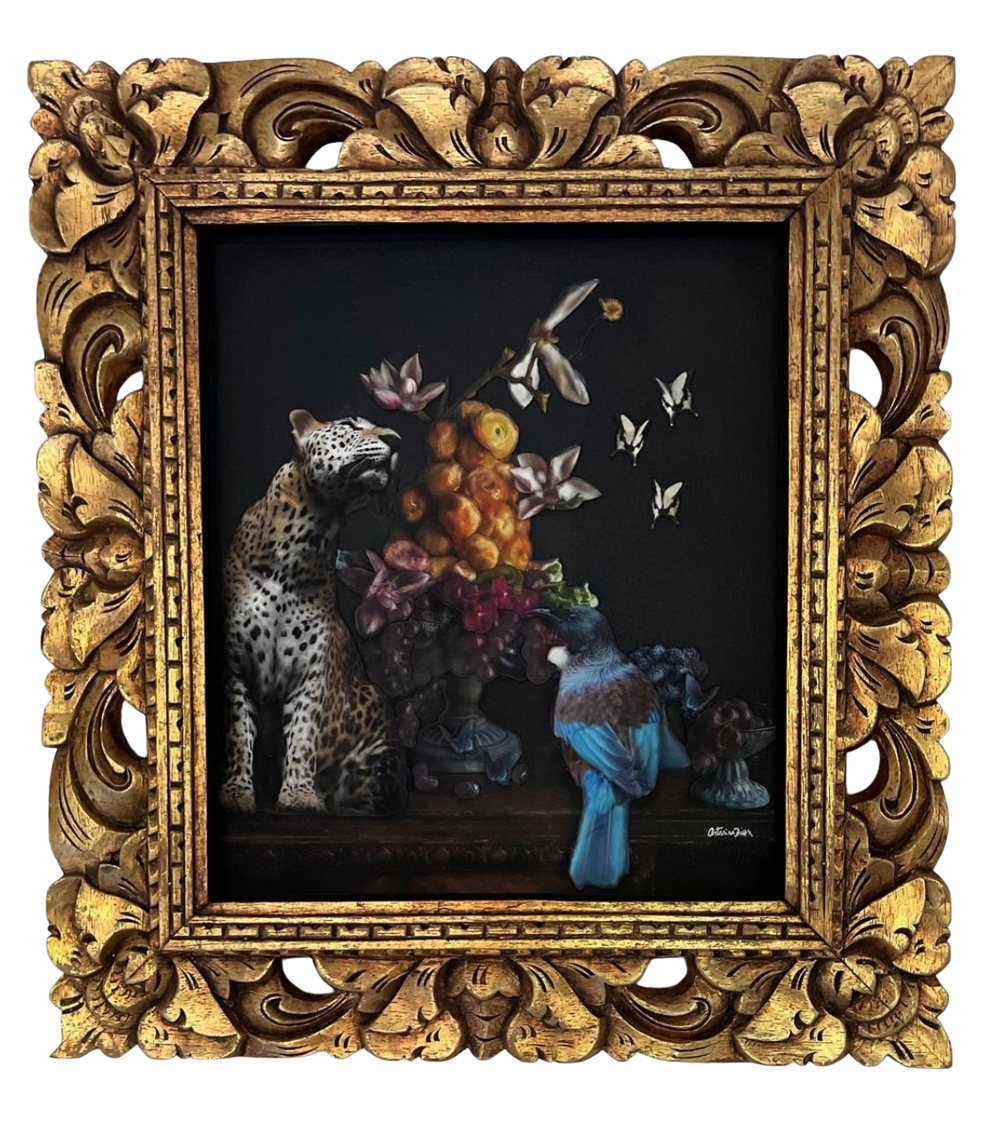 Catarina Diaz’s Stillness, analogue collage on Somerset Enhanced Velvet with oil on black gesso-primed canvas. A leopard sits beside an ornate still life of flowers and fruit, joined by a blue and brown bird and butterflies, all framed in an antique gold gallery frame.
