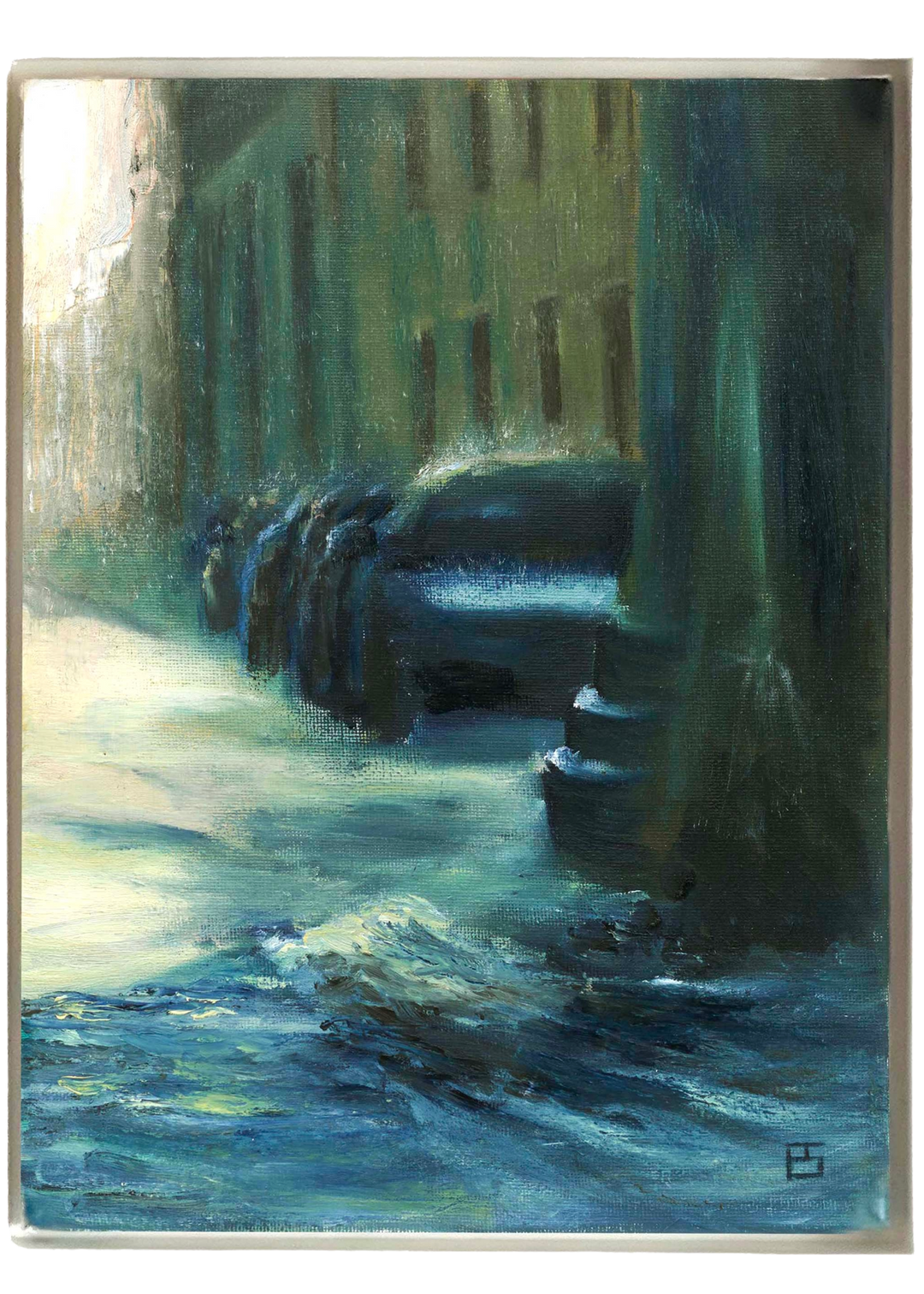 After the Flood by Ewan Story – oil on canvas painting of a rain-soaked Mediterranean street in southern Italy, shimmering blue water reflecting sunlit facades and columns, expressive contemporary wall art from The Collection.