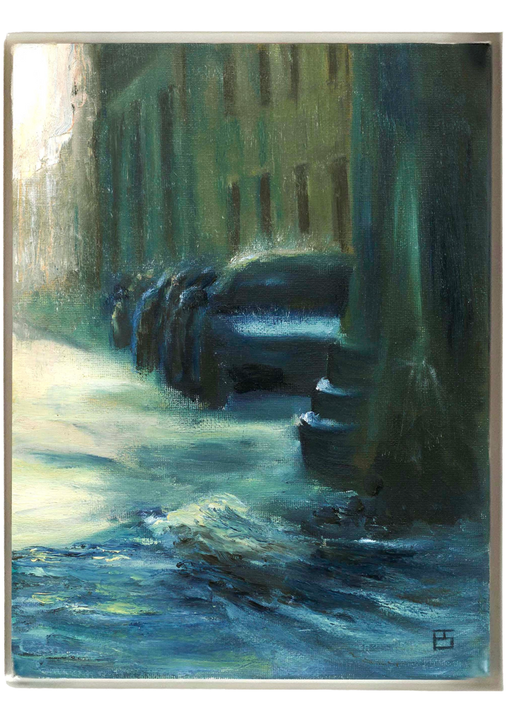 After the Flood by Ewan Story – oil on canvas painting of a rain-soaked Mediterranean street in southern Italy, shimmering blue water reflecting sunlit facades and columns, expressive contemporary wall art from The Collection.