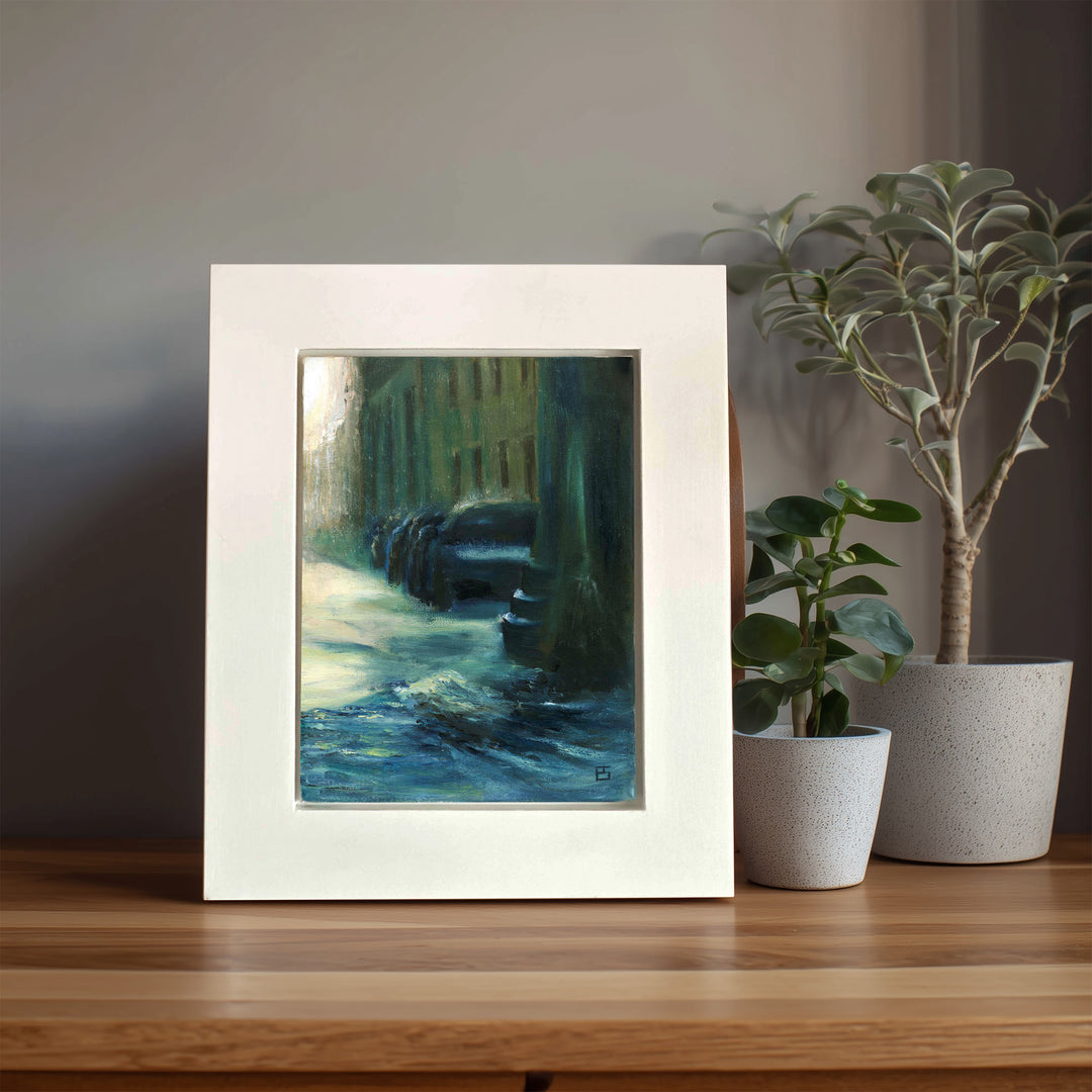 After the Flood by Ewan Story – oil on canvas painting of a rain-soaked Mediterranean street in southern Italy, shimmering blue water reflecting sunlit facades and columns, expressive contemporary wall art from The Collection.