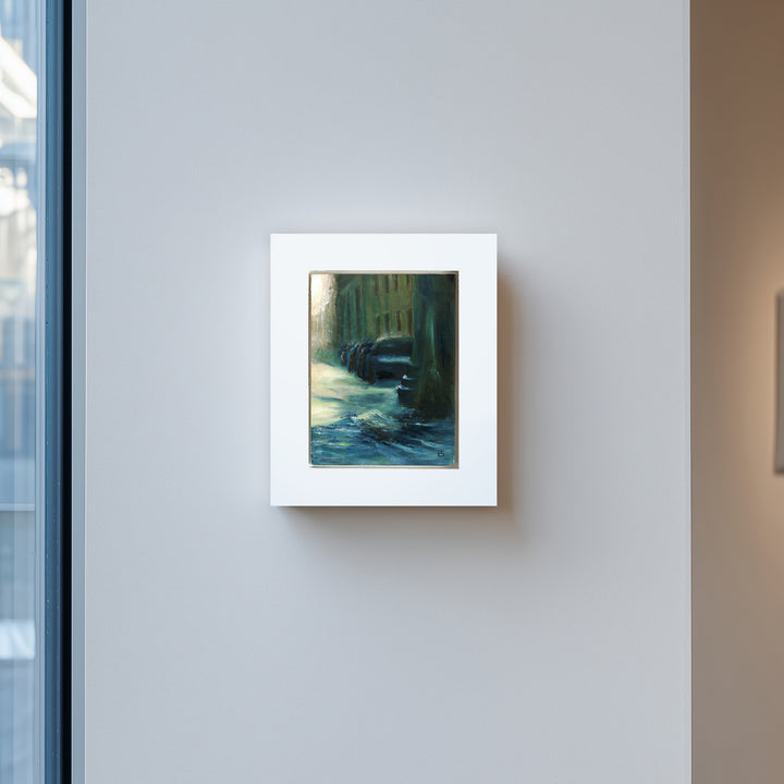 After the Flood by Ewan Story – oil on canvas painting of a rain-soaked Mediterranean street in southern Italy, shimmering blue water reflecting sunlit facades and columns, expressive contemporary wall art from The Collection.