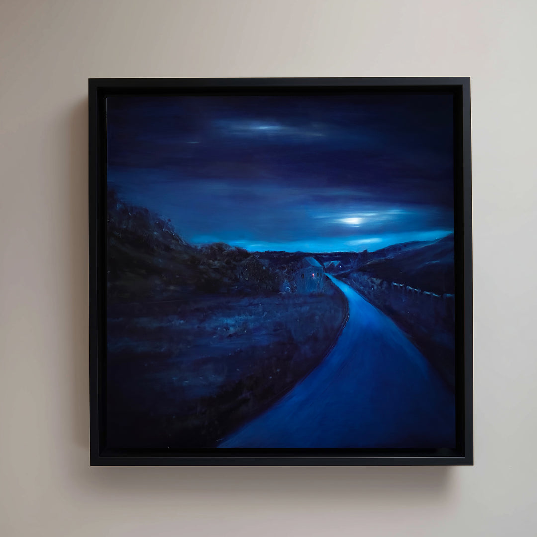 Cloud Moon by Ewan Story – oil on board painting of a winding rural road beneath a cloud-covered moon, deep indigo and cobalt blue night landscape with luminous sky, contemporary framed wall art from The Collection.