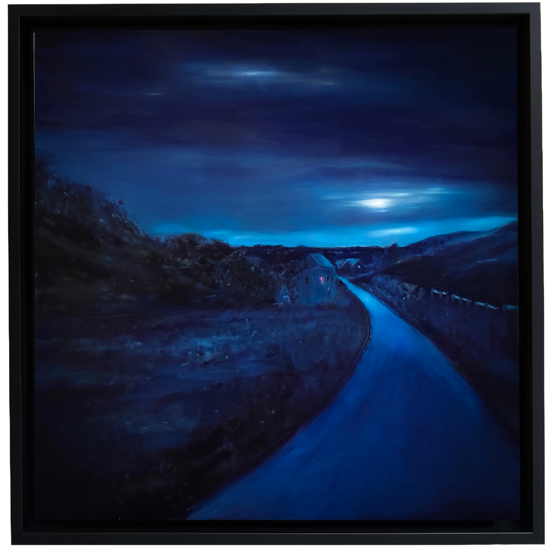 Cloud Moon by Ewan Story – oil on board painting of a winding rural road beneath a cloud-covered moon, deep indigo and cobalt blue night landscape with luminous sky, contemporary framed wall art from The Collection.