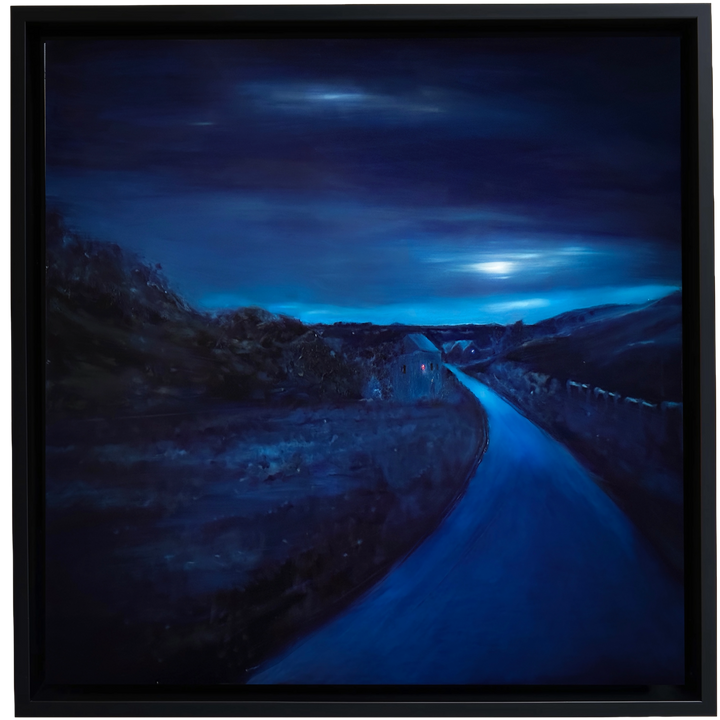 Cloud Moon by Ewan Story – oil on board painting of a winding rural road beneath a cloud-covered moon, deep indigo and cobalt blue night landscape with luminous sky, contemporary framed wall art from The Collection.
