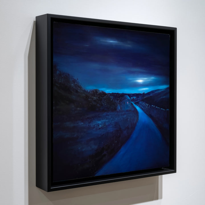 Cloud Moon by Ewan Story – oil on board painting of a winding rural road beneath a cloud-covered moon, deep indigo and cobalt blue night landscape with luminous sky, contemporary framed wall art from The Collection.