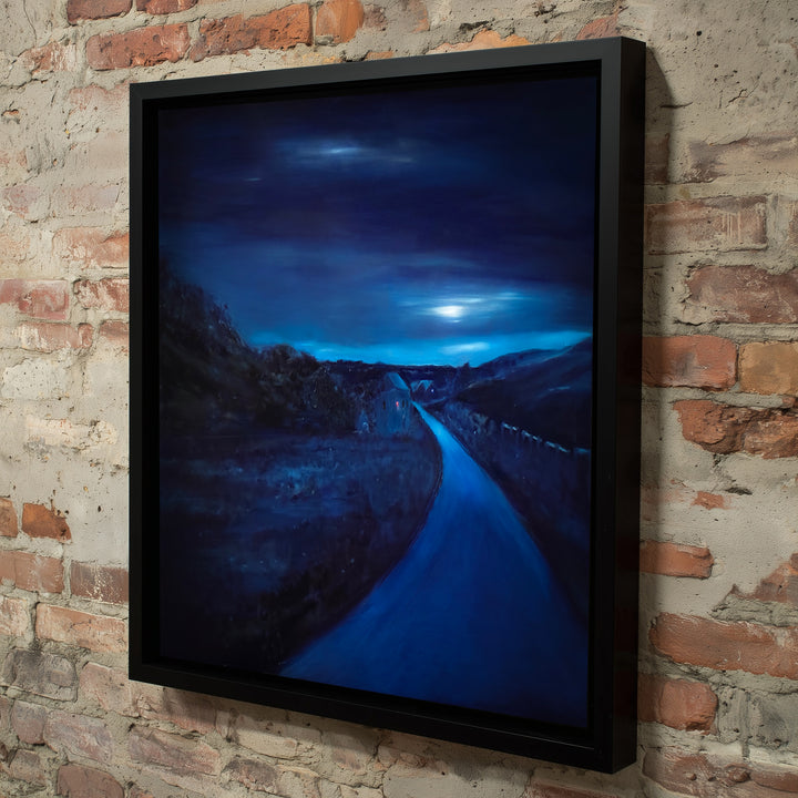 Cloud Moon by Ewan Story – oil on board painting of a winding rural road beneath a cloud-covered moon, deep indigo and cobalt blue night landscape with luminous sky, contemporary framed wall art from The Collection.