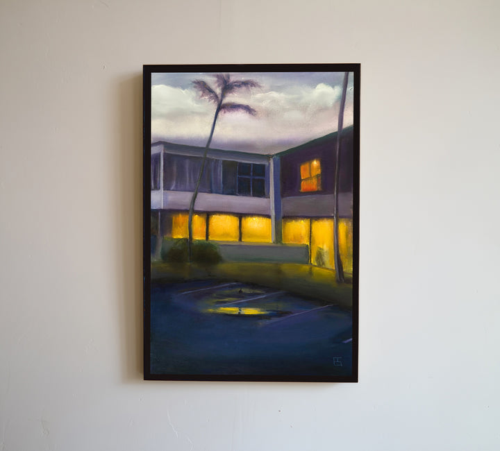 Florida by Ewan Story – oil on canvas painting of a modernist building at dusk with glowing amber windows, deep blue courtyard and palm trees, atmospheric contemporary wall art from The Collection.