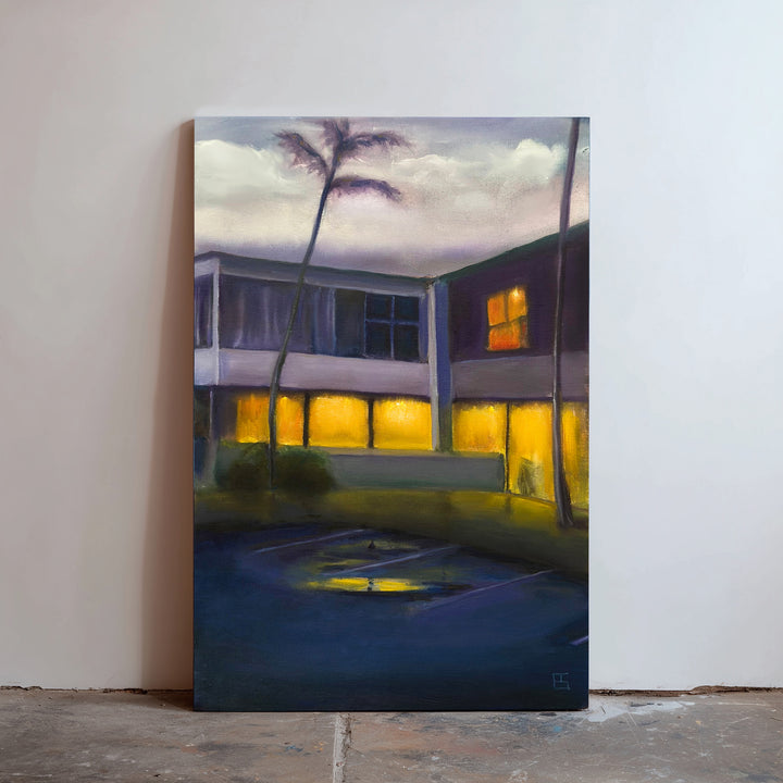 Florida by Ewan Story – oil on canvas painting of a modernist building at dusk with glowing amber windows, deep blue courtyard and palm trees, atmospheric contemporary wall art from The Collection.