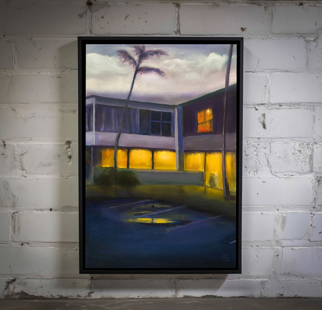 Florida by Ewan Story – oil on canvas painting of a modernist building at dusk with glowing amber windows, deep blue courtyard and palm trees, atmospheric contemporary wall art from The Collection.