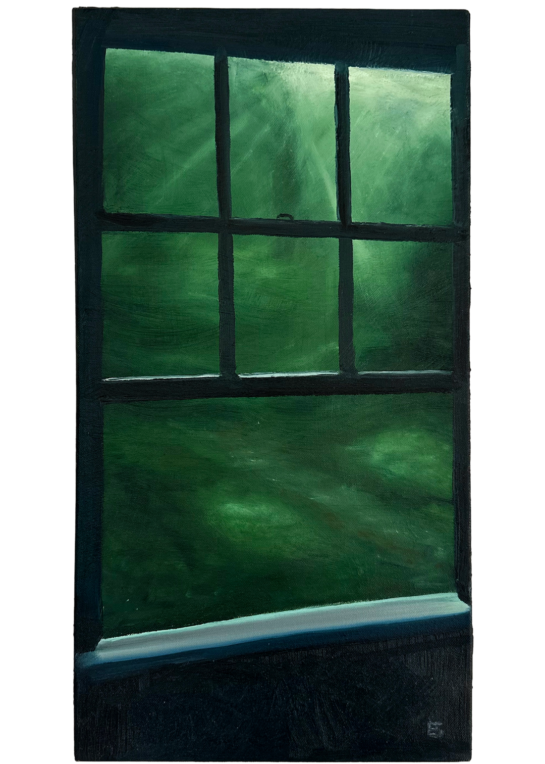 Green Window by Ewan Story – oil on canvas painting of a dark window frame opening onto abstract deep green foliage, soft light filtering through emerald and forest green tones, contemplative contemporary wall art from The Collection.
