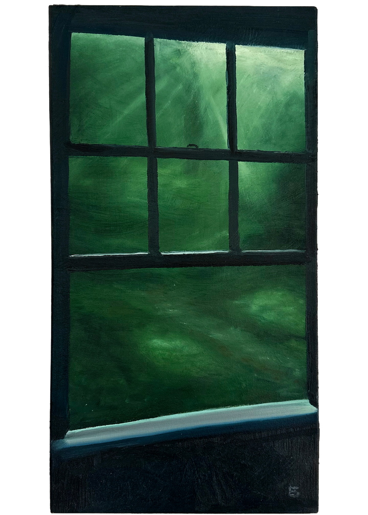 Green Window by Ewan Story – oil on canvas painting of a dark window frame opening onto abstract deep green foliage, soft light filtering through emerald and forest green tones, contemplative contemporary wall art from The Collection.