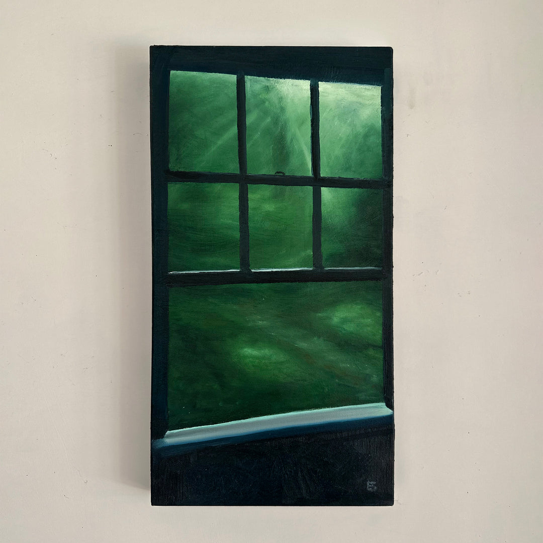 Green Window by Ewan Story – oil on canvas painting of a dark window frame opening onto abstract deep green foliage, soft light filtering through emerald and forest green tones, contemplative contemporary wall art from The Collection.