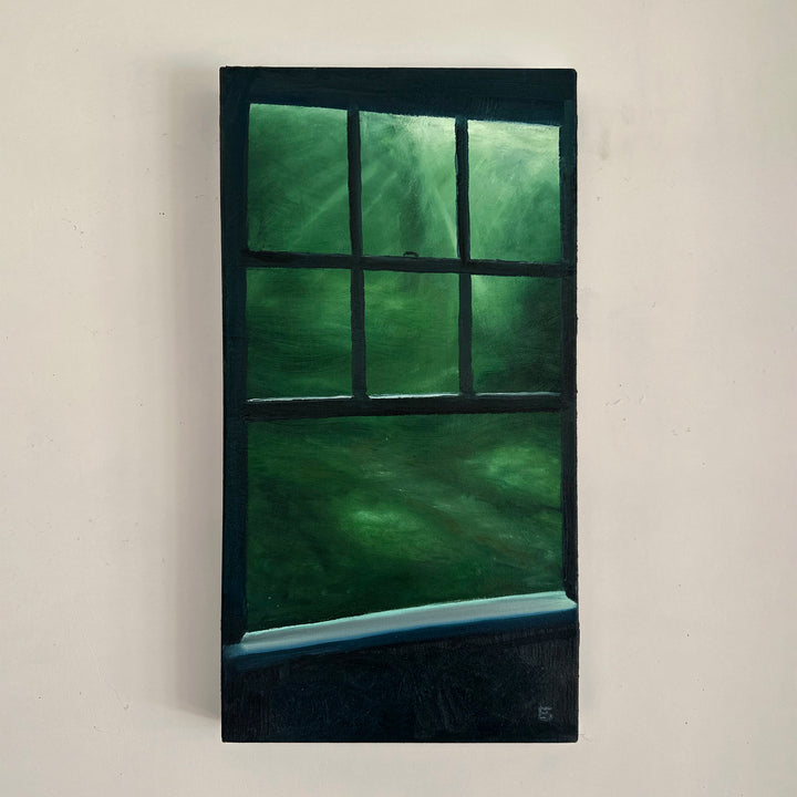 Green Window by Ewan Story – oil on canvas painting of a dark window frame opening onto abstract deep green foliage, soft light filtering through emerald and forest green tones, contemplative contemporary wall art from The Collection.