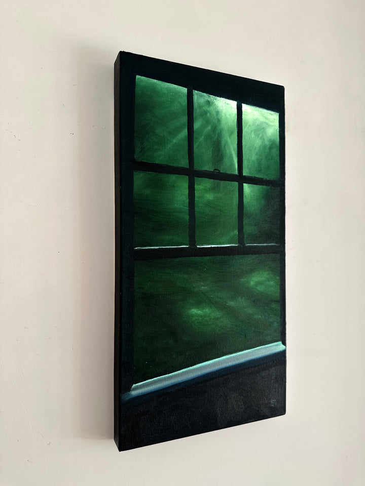 Green Window by Ewan Story – oil on canvas painting of a dark window frame opening onto abstract deep green foliage, soft light filtering through emerald and forest green tones, contemplative contemporary wall art from The Collection.