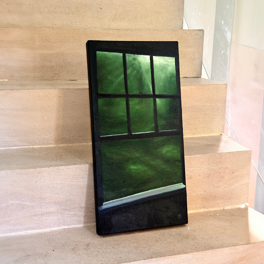Green Window by Ewan Story – oil on canvas painting of a dark window frame opening onto abstract deep green foliage, soft light filtering through emerald and forest green tones, contemplative contemporary wall art from The Collection.