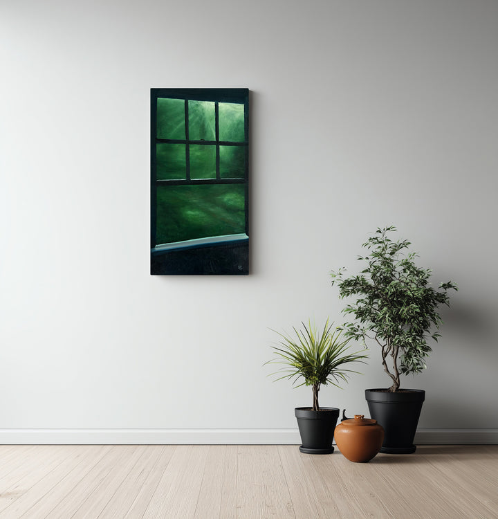 Green Window by Ewan Story – oil on canvas painting of a dark window frame opening onto abstract deep green foliage, soft light filtering through emerald and forest green tones, contemplative contemporary wall art from The Collection.