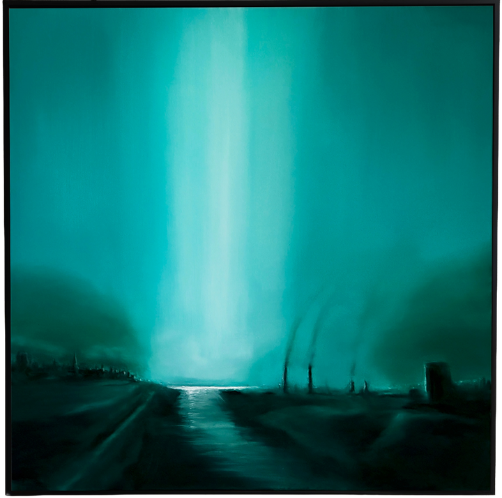 “Intervention” – large square oil painting depicting a dark teal, industrial waterscape pierced by a vertical beam of white light, reflecting across a polluted river beneath shadowed factory silhouettes.