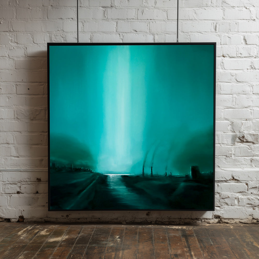 “Intervention” – large square oil painting depicting a dark teal, industrial waterscape pierced by a vertical beam of white light, reflecting across a polluted river beneath shadowed factory silhouettes.
