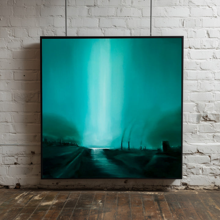 “Intervention” – large square oil painting depicting a dark teal, industrial waterscape pierced by a vertical beam of white light, reflecting across a polluted river beneath shadowed factory silhouettes.