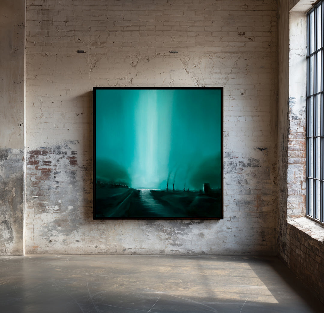 “Intervention” – large square oil painting depicting a dark teal, industrial waterscape pierced by a vertical beam of white light, reflecting across a polluted river beneath shadowed factory silhouettes.