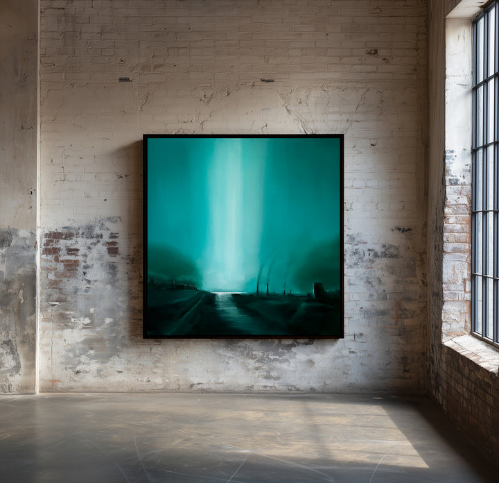“Intervention” – large square oil painting depicting a dark teal, industrial waterscape pierced by a vertical beam of white light, reflecting across a polluted river beneath shadowed factory silhouettes.