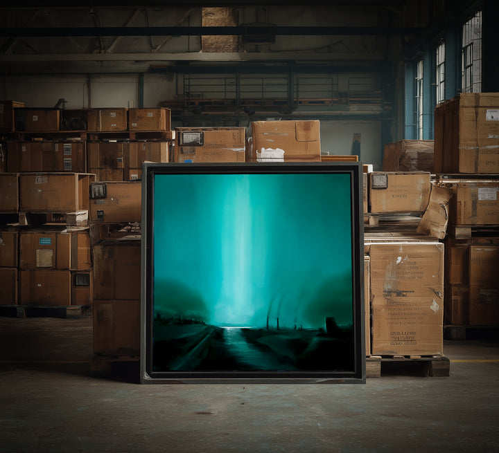 “Intervention” – large square oil painting depicting a dark teal, industrial waterscape pierced by a vertical beam of white light, reflecting across a polluted river beneath shadowed factory silhouettes.