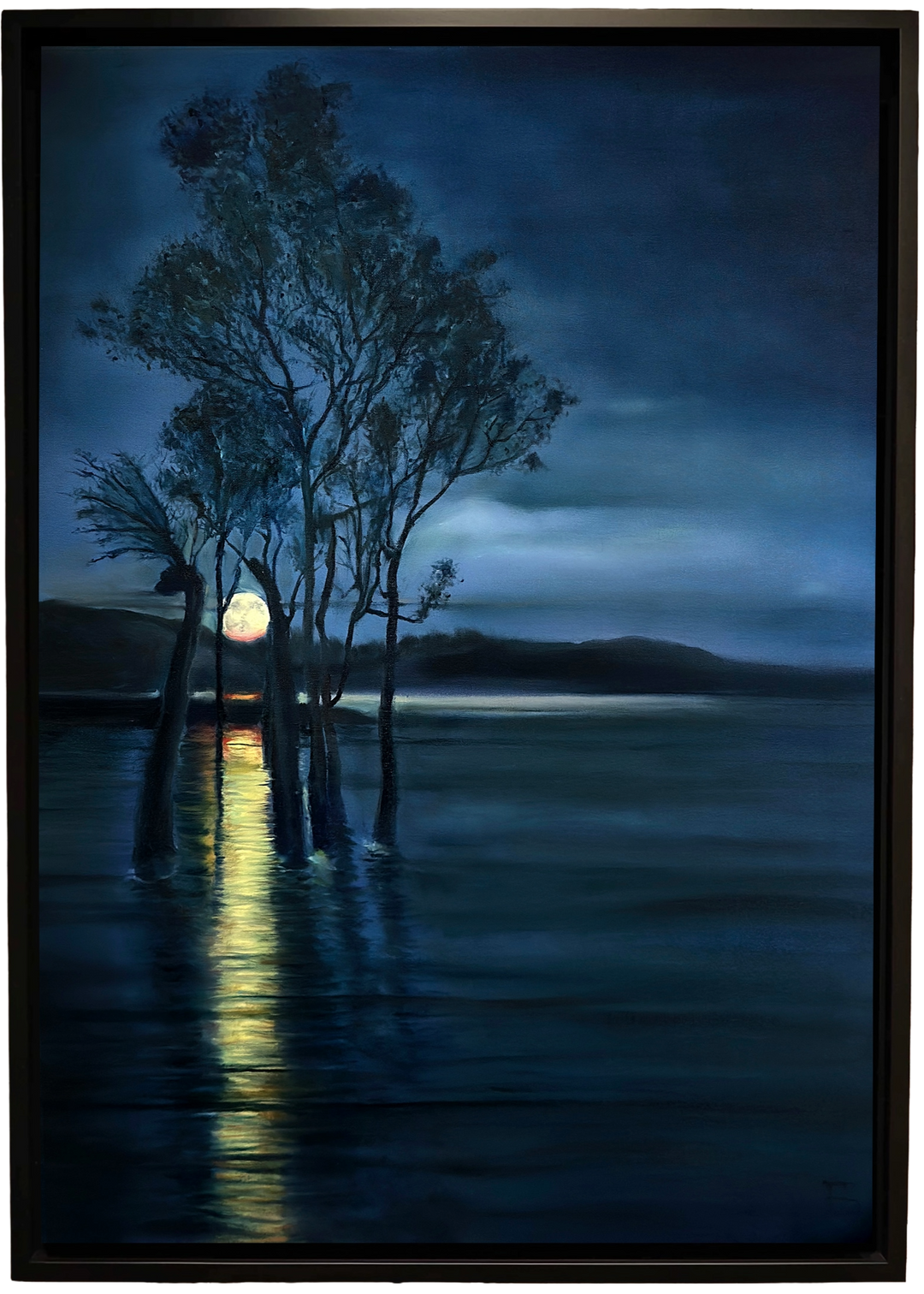 Moonrise by Ewan Story – oil on canvas painting of silhouetted trees rising from still water beneath a deep indigo night sky, a golden moon reflecting across dark blue tones, atmospheric contemporary landscape wall art from The Collection.