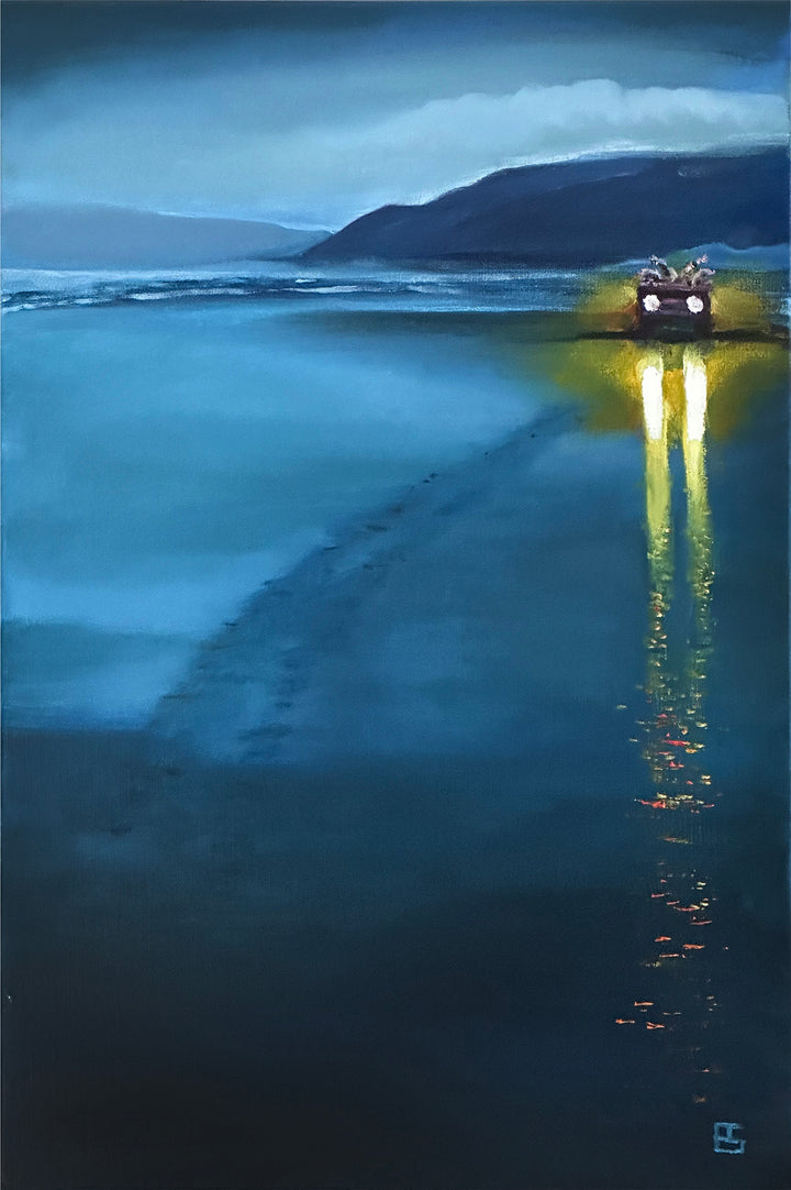 Newgale by Ewan Story – oil on canvas painting of an RNLI quad bike on a vast blue tidal beach at dusk, bright yellow headlights reflecting across wet sand beneath misty coastal headlands, contemporary British wall art from The Collection.