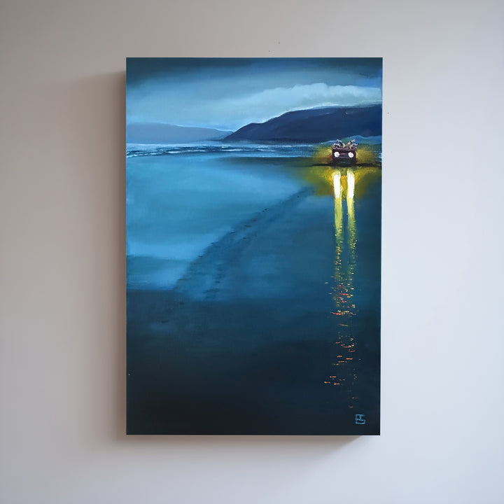 Newgale by Ewan Story – oil on canvas painting of an RNLI quad bike on a vast blue tidal beach at dusk, bright yellow headlights reflecting across wet sand beneath misty coastal headlands, contemporary British wall art from The Collection.