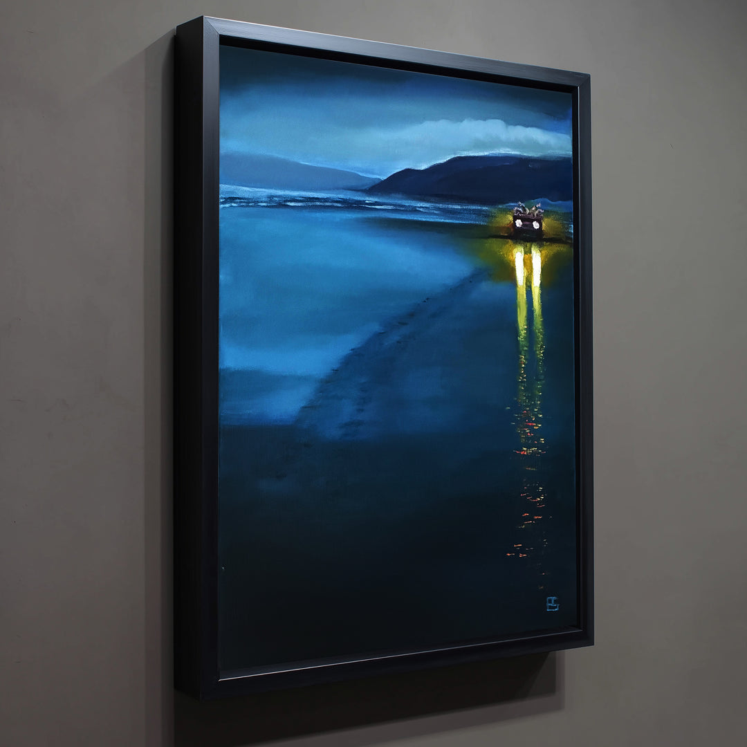 Newgale by Ewan Story – oil on canvas painting of an RNLI quad bike on a vast blue tidal beach at dusk, bright yellow headlights reflecting across wet sand beneath misty coastal headlands, contemporary British wall art from The Collection.