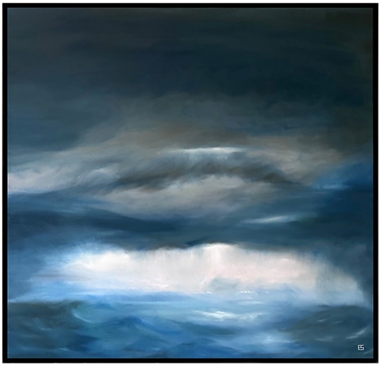 Pelagic by Ewan Story – large square oil on canvas seascape in deep blue, navy and slate grey tones, with layered storm clouds and soft white light breaking over a restless ocean horizon, contemporary atmospheric wall art from The Collection.
