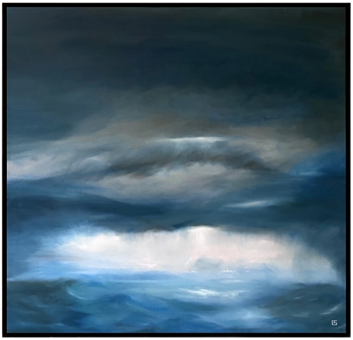 Pelagic by Ewan Story – large square oil on canvas seascape in deep blue, navy and slate grey tones, with layered storm clouds and soft white light breaking over a restless ocean horizon, contemporary atmospheric wall art from The Collection.