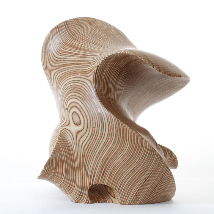 Hand-carved birch plywood abstract sculpture with flowing, mathematical forms inspired by chaotic systems and the Halvorsen Attractor.