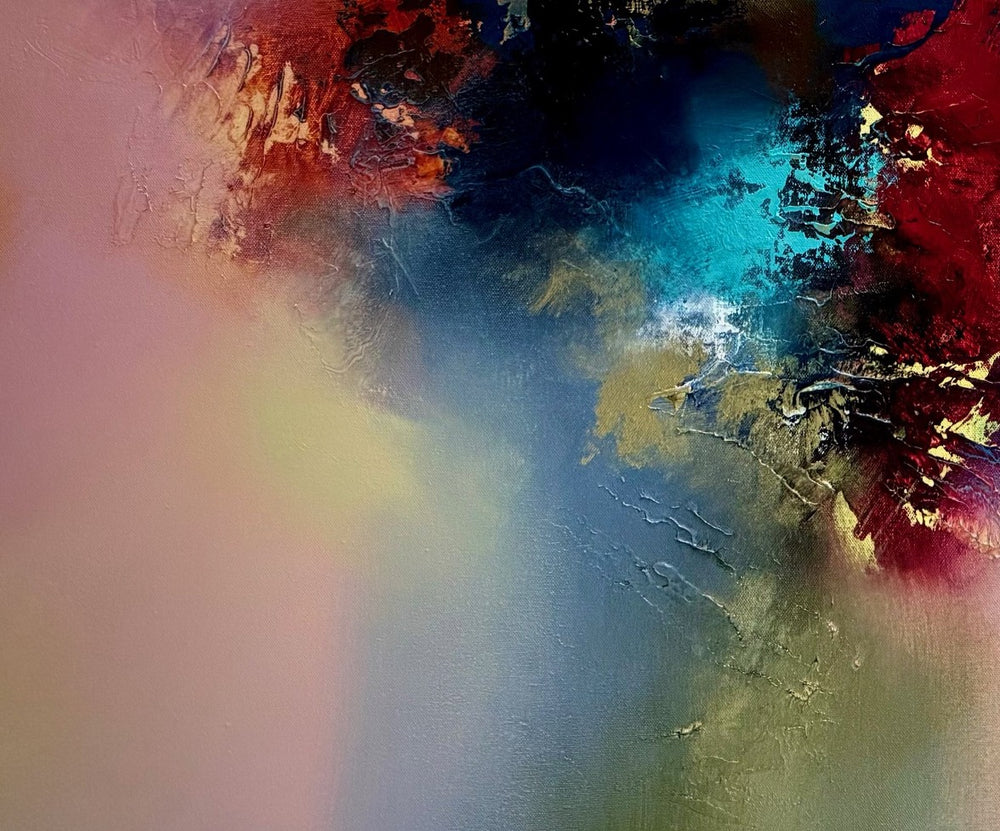 Summer Spirit by Simon Kenny — a vibrant abstract oil painting blending warm pinks, rich reds, deep blues, golden yellows, and soft turquoise in a radiant, atmospheric composition evoking the energy and glow of a summer evening.