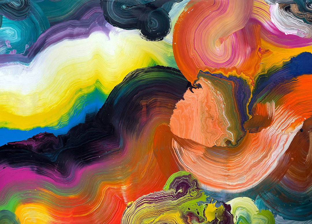 Large vibrant abstract painting “Sun Chaser” by Swarez — a powerful composition of swirling, layered colour featuring vivid yellow bursts cutting across deep oranges, fiery reds, rich magentas, lush greens, electric blues, dark purples and intense black accents. Complex ribbons and rivers of enamel paint create fluid movement and luminous depth on a grand-scale canvas.