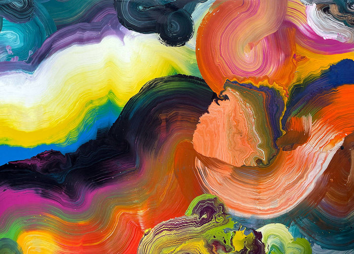 Large vibrant abstract painting “Sun Chaser” by Swarez — a powerful composition of swirling, layered colour featuring vivid yellow bursts cutting across deep oranges, fiery reds, rich magentas, lush greens, electric blues, dark purples and intense black accents. Complex ribbons and rivers of enamel paint create fluid movement and luminous depth on a grand-scale canvas.