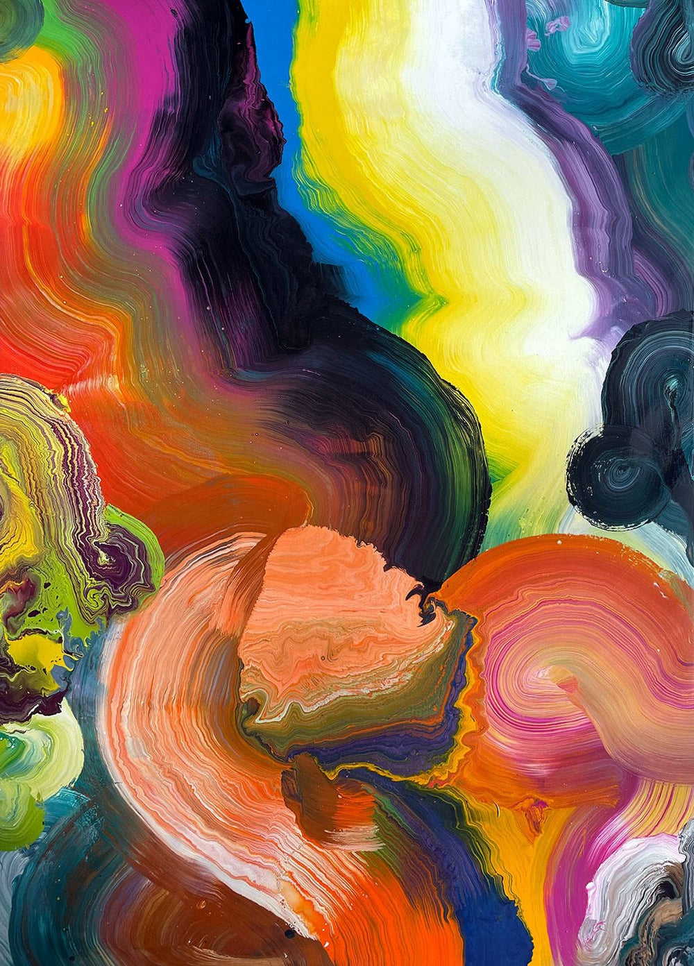 Large vibrant abstract painting “Sun Chaser” by Swarez — a powerful composition of swirling, layered colour featuring vivid yellow bursts cutting across deep oranges, fiery reds, rich magentas, lush greens, electric blues, dark purples and intense black accents. Complex ribbons and rivers of enamel paint create fluid movement and luminous depth on a grand-scale canvas.