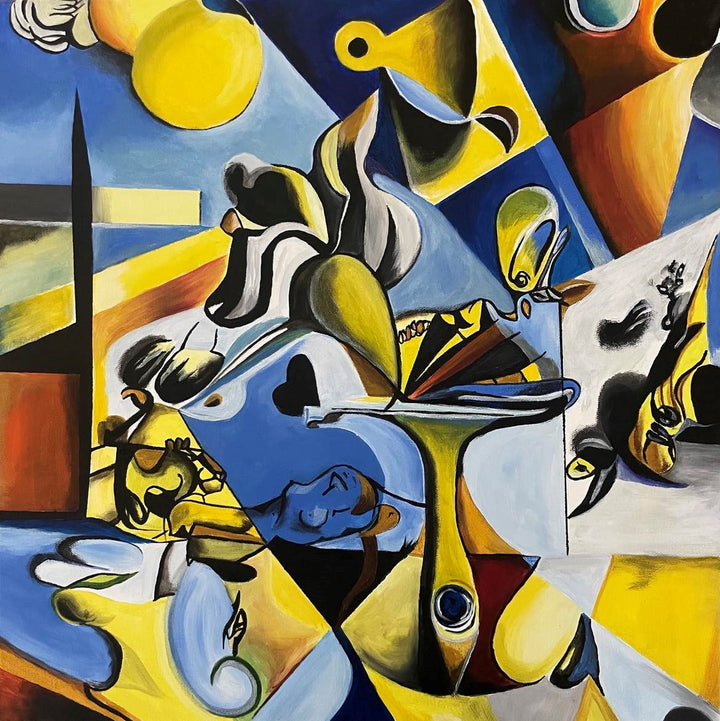 Abstract surrealist painting with bold blue, yellow, and black shapes, featuring distorted figures and dreamlike forms.