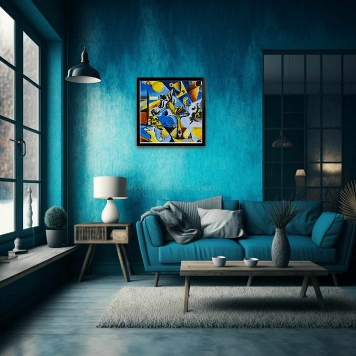 Abstract surrealist painting with bold blue, yellow, and black shapes, featuring distorted figures and dreamlike forms.