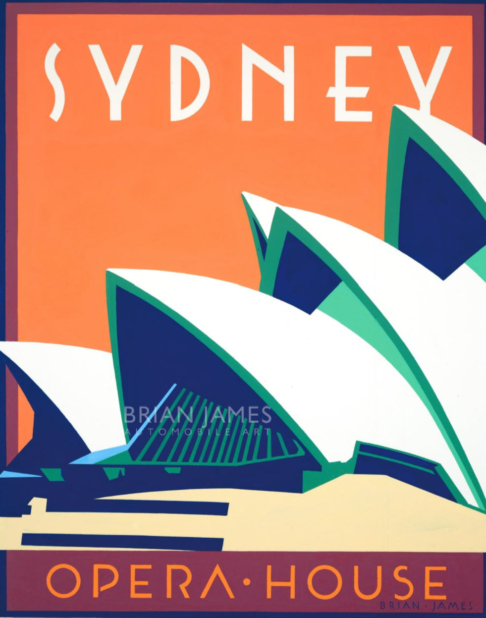 Stylised Art Deco poster of the Sydney Opera House with bold orange and navy colour palette.
