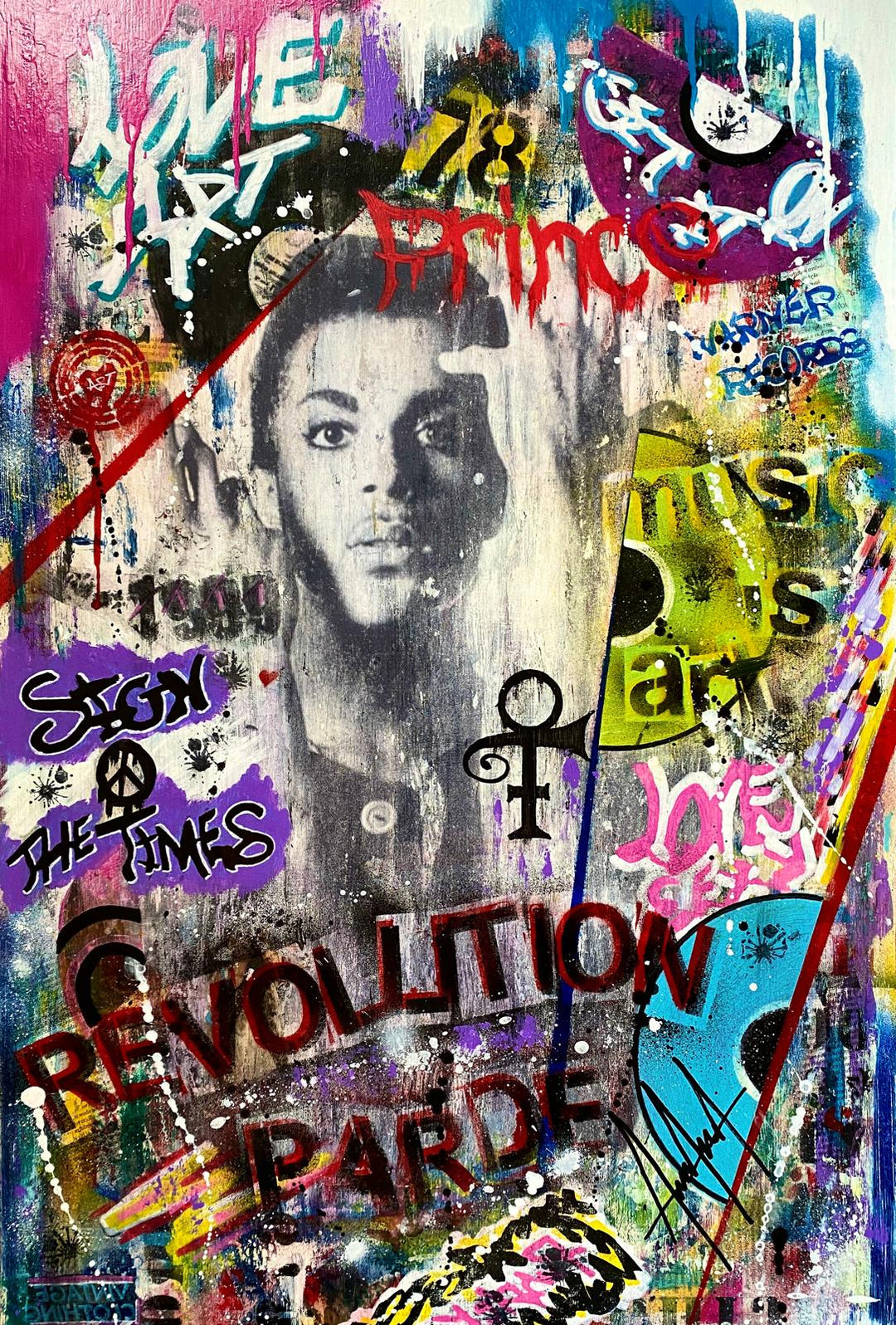 Andolini Art’s Symbol – mixed media portrait of Prince, layered with graffiti tags, vibrant drips of pink, blue, yellow, red, and purple, and references to his music including “Sign o’ the Times,” “Revolution Parade,” and the iconic Love Symbol. The piece merges street art energy with pop culture tribute, celebrating Prince’s revolutionary influence in music and style.