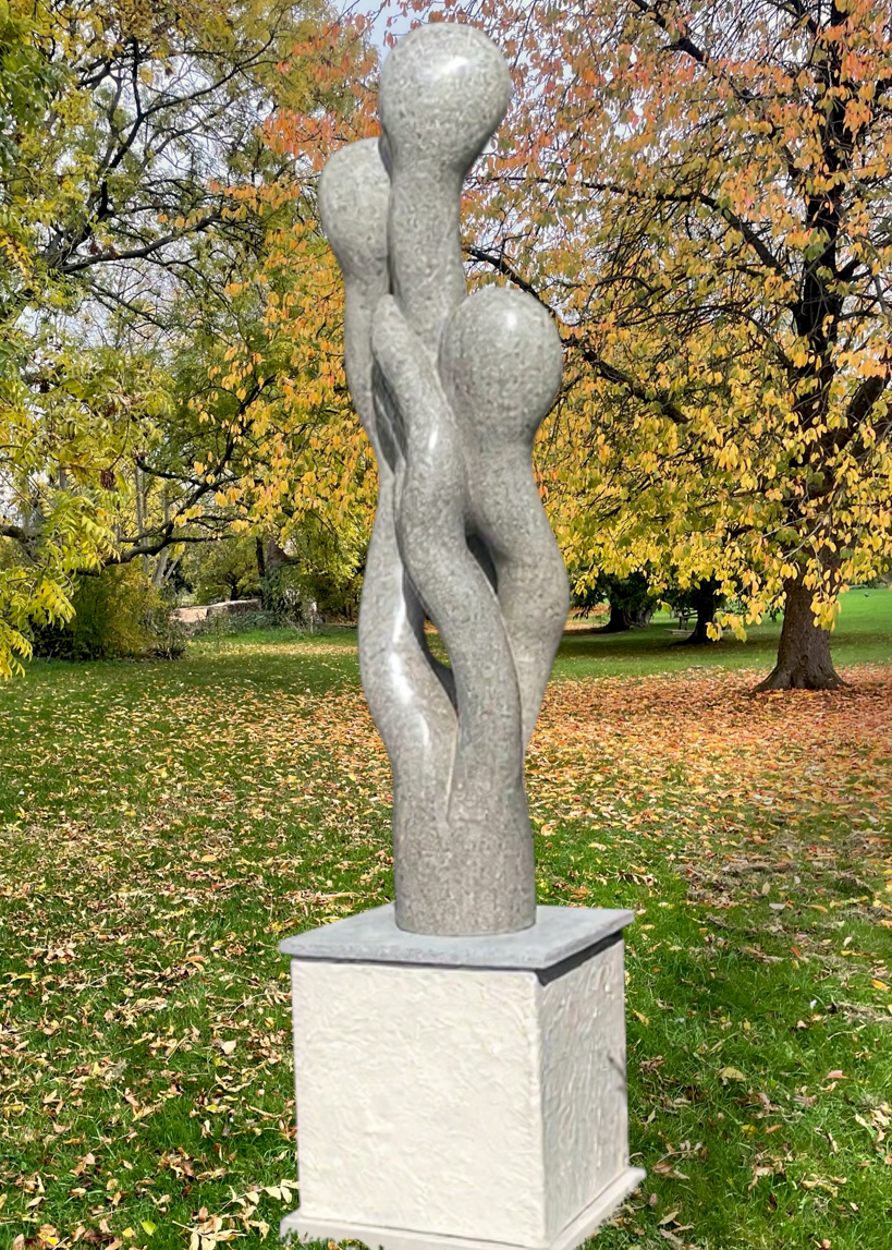 Synergia by Martin Cash — a contemporary Ancaster Blue stone sculpture mounted on a fibre resin plinth. The elegant, intertwined forms rise in fluid motion, expressing unity and balance, designed as a refined focal point for gardens or public spaces.