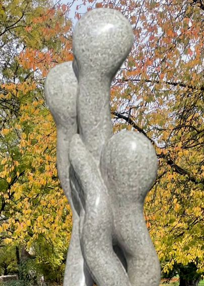 Synergia by Martin Cash — a contemporary Ancaster Blue stone sculpture mounted on a fibre resin plinth. The elegant, intertwined forms rise in fluid motion, expressing unity and balance, designed as a refined focal point for gardens or public spaces.