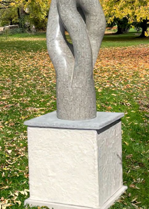 Synergia by Martin Cash — a contemporary Ancaster Blue stone sculpture mounted on a fibre resin plinth. The elegant, intertwined forms rise in fluid motion, expressing unity and balance, designed as a refined focal point for gardens or public spaces.