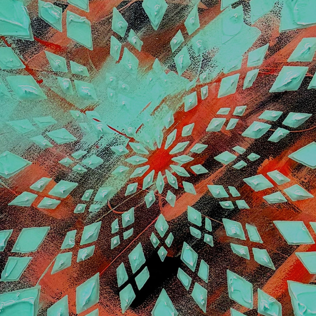 Contemporary circular wall artwork by Mike Philp built from layered teal geometric forms radiating outward against warmer undertones. The high-gloss resin surface amplifies movement, depth, and visual flow.