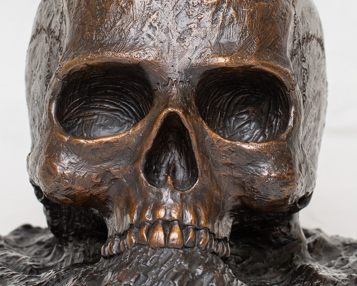 Remember Death bronze skull sculpture by Tom Saxton emerging from textured bronze ground, detailed human skull memento mori sculpture in rich dark bronze, warm copper-brown tones and deep shadowed cavities, contemporary philosophical bronze artwork
