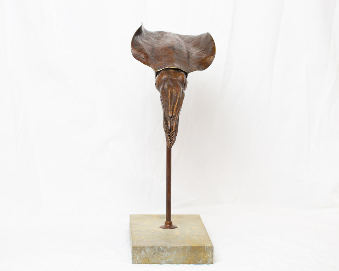 Bigfin Reef Squid bronze sculpture by Tom Saxton mounted on a vertical stand and Cotswold stone plinth, elegant marine life sculpture with flowing fins in rich dark bronze and warm copper-brown tones with subtle golden highlights