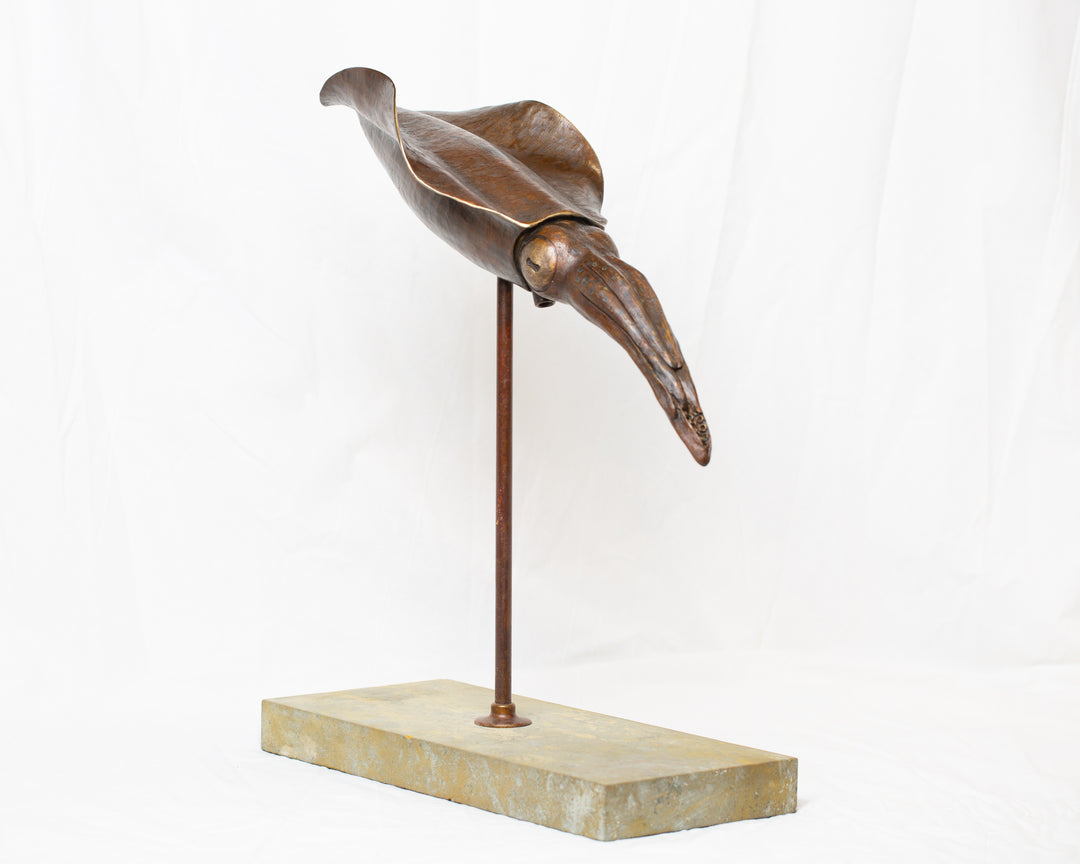 Bigfin Reef Squid bronze sculpture by Tom Saxton mounted on a vertical stand and Cotswold stone plinth, elegant marine life sculpture with flowing fins in rich dark bronze and warm copper-brown tones with subtle golden highlights
