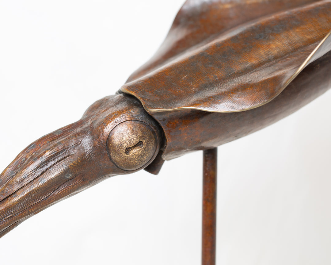 Bigfin Reef Squid bronze sculpture by Tom Saxton mounted on a vertical stand and Cotswold stone plinth, elegant marine life sculpture with flowing fins in rich dark bronze and warm copper-brown tones with subtle golden highlights